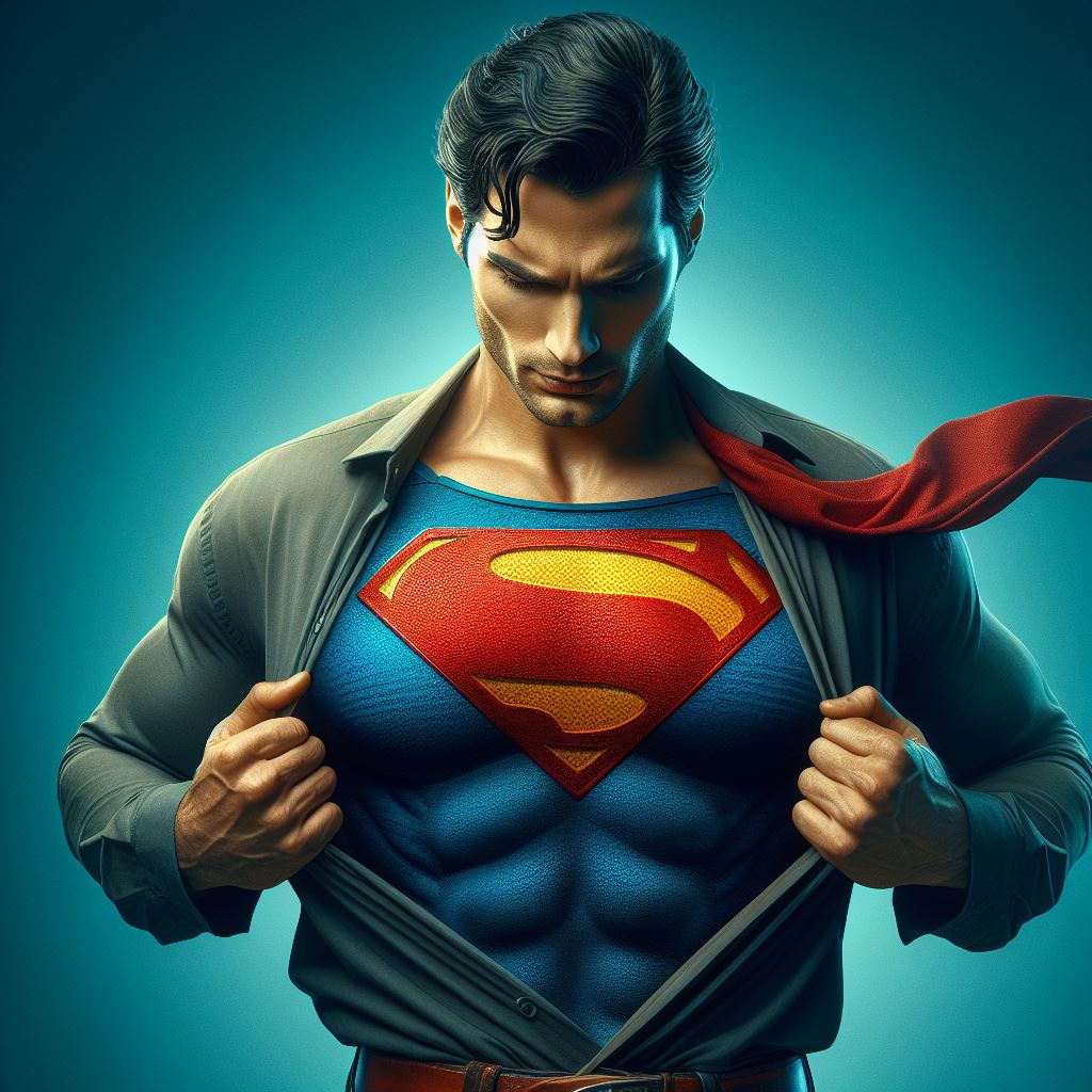 Superman die zijn shirt open scheurt