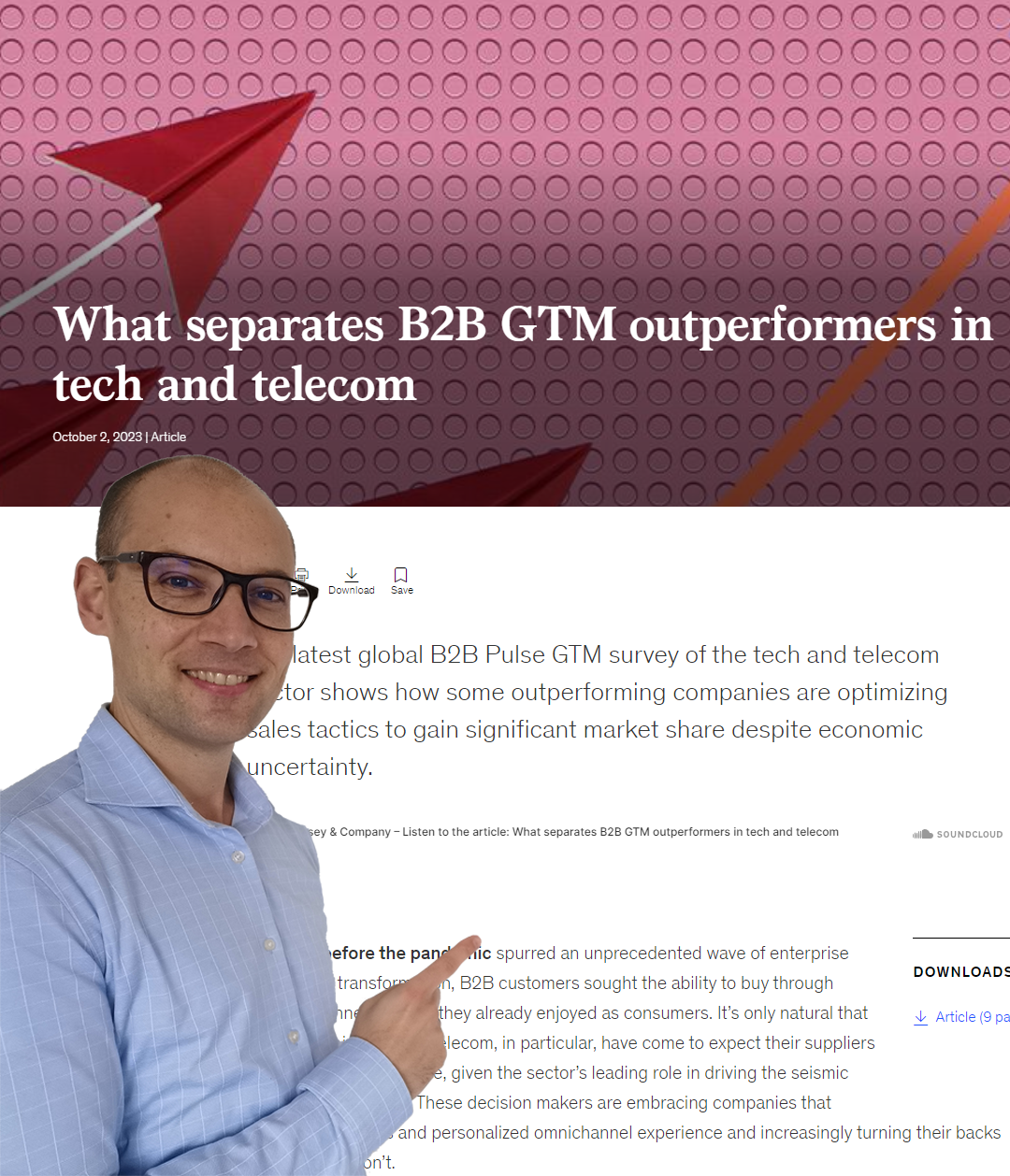 Michiel die wijst naar een artikel van McKinsey over go-to-market van techbedrijven