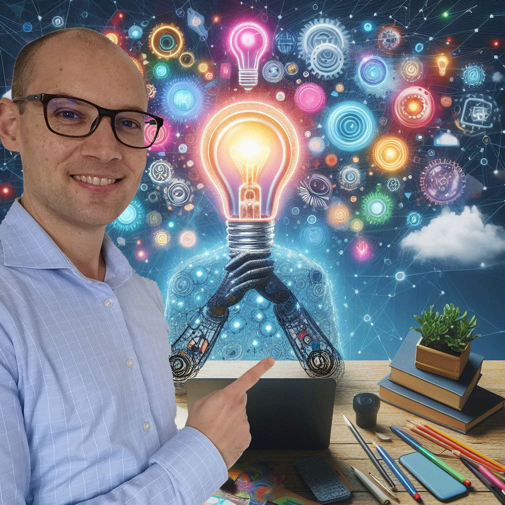 Michiel wijst naar een AI gegenereerde afbeelding