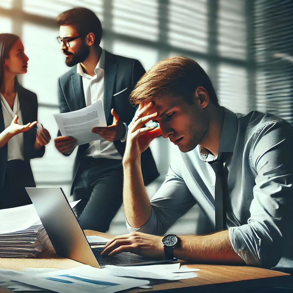 Een gestreste professional met een deadline voor ogen, omringd door papieren en een laptop, symboliseert de druk die komt kijken bij het uitvoeren van een go-to-market strategie in stressvolle periodes zoals het einde van een maand of kwartaal.